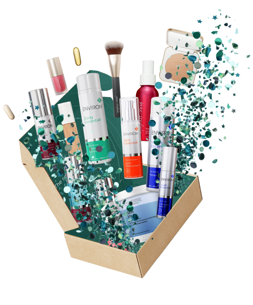 Kennenlernset Box geöffnet mit herausfliegenden Produkten.