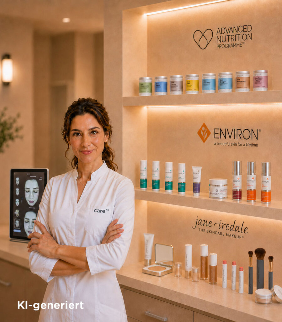 Kosmetikerin im Institut mit Produkten von ANP, ENVIRON und jane iredale im Reagal dahinter, links hinter der Kosmetikerin steht das Display der 4D View Skin Analyser Maschine.